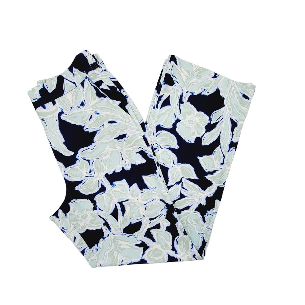 Natori Floral Wide Leg Pull-On Pants Navy Blue Green - Size M